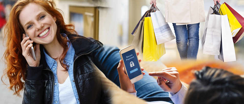 Eine Collage aus verschiedenen Bildern zeigt eine Frau die telefoniert, volle Einkaufstüten und eine Person, die einen Einkauf mit Secure Payment tätigt.
